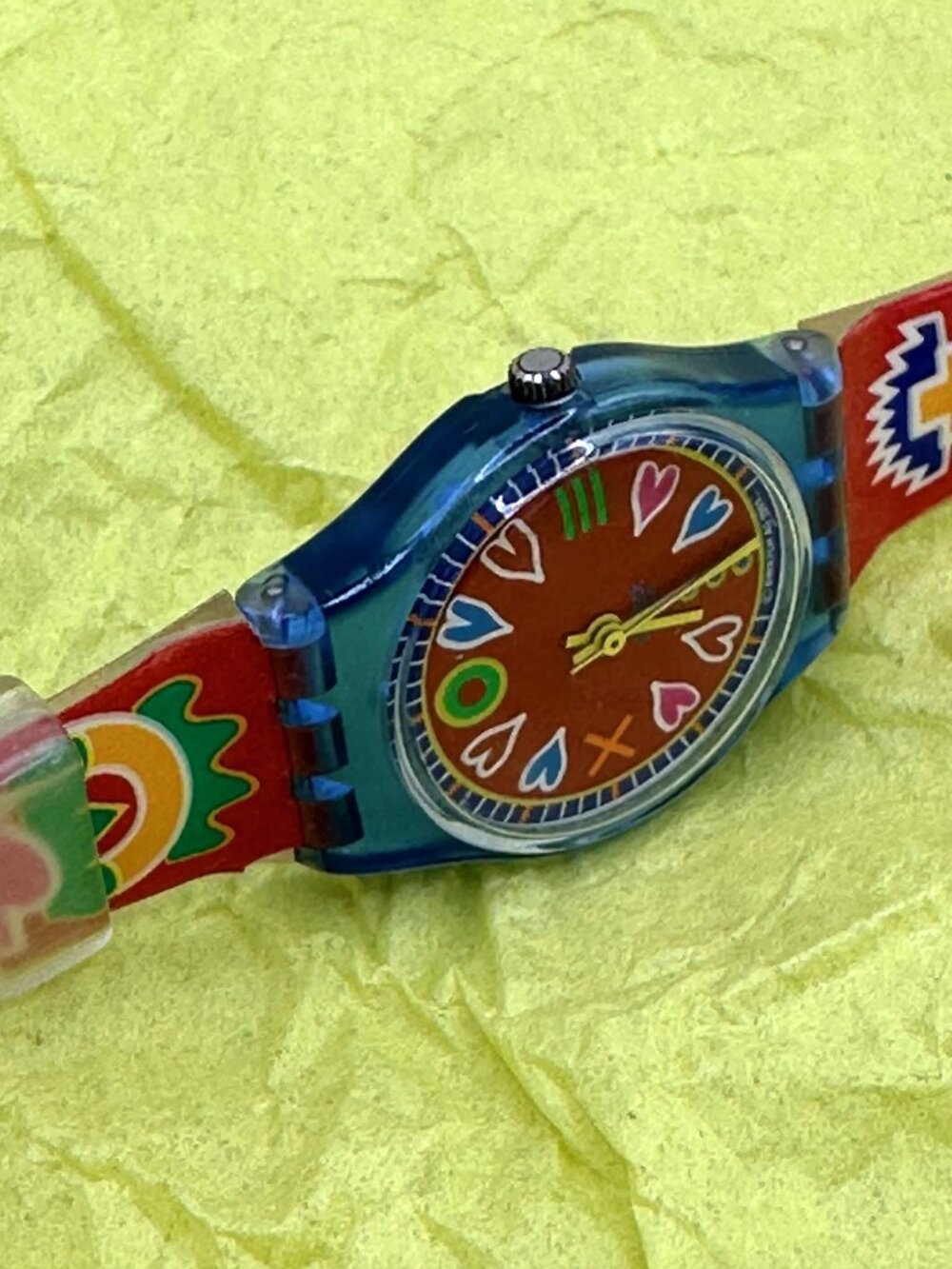 Swatch Red Dial Watch with Multicolor Heart and Geometric Accents - Picture 2 of 5